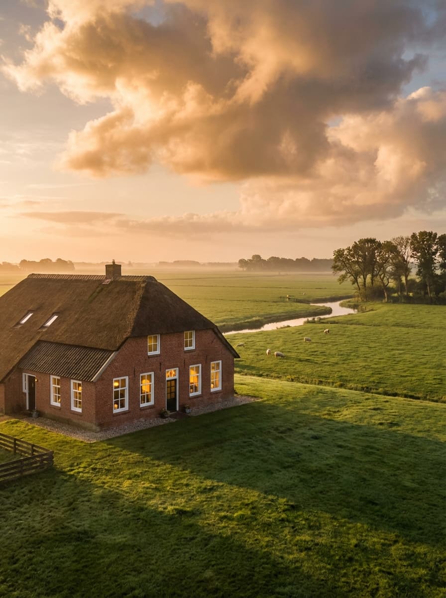 Traditionele Groningse boerderij in avondlicht met weilanden