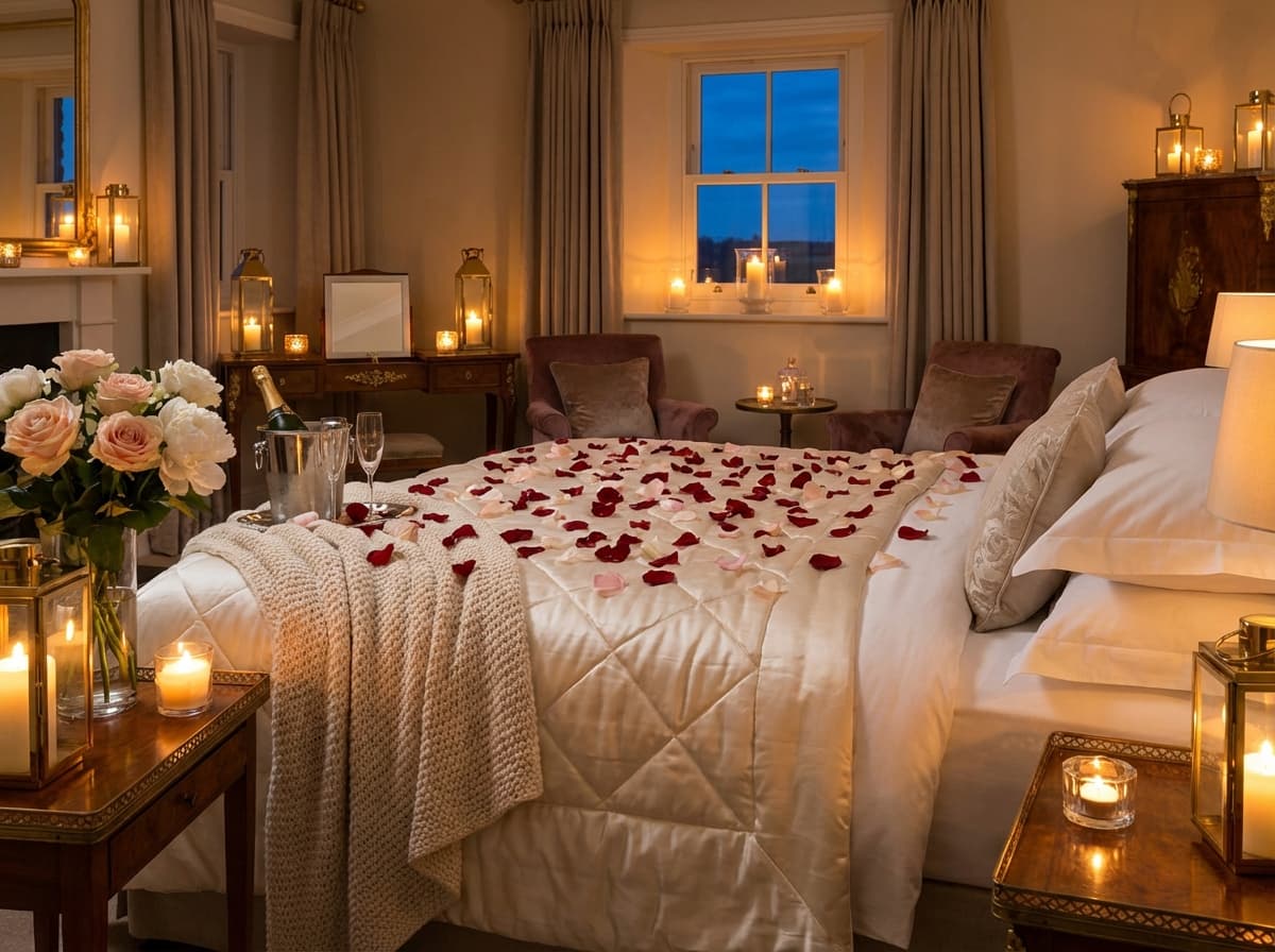Romantische slaapkamer met kaarsen en rozenblaadjes