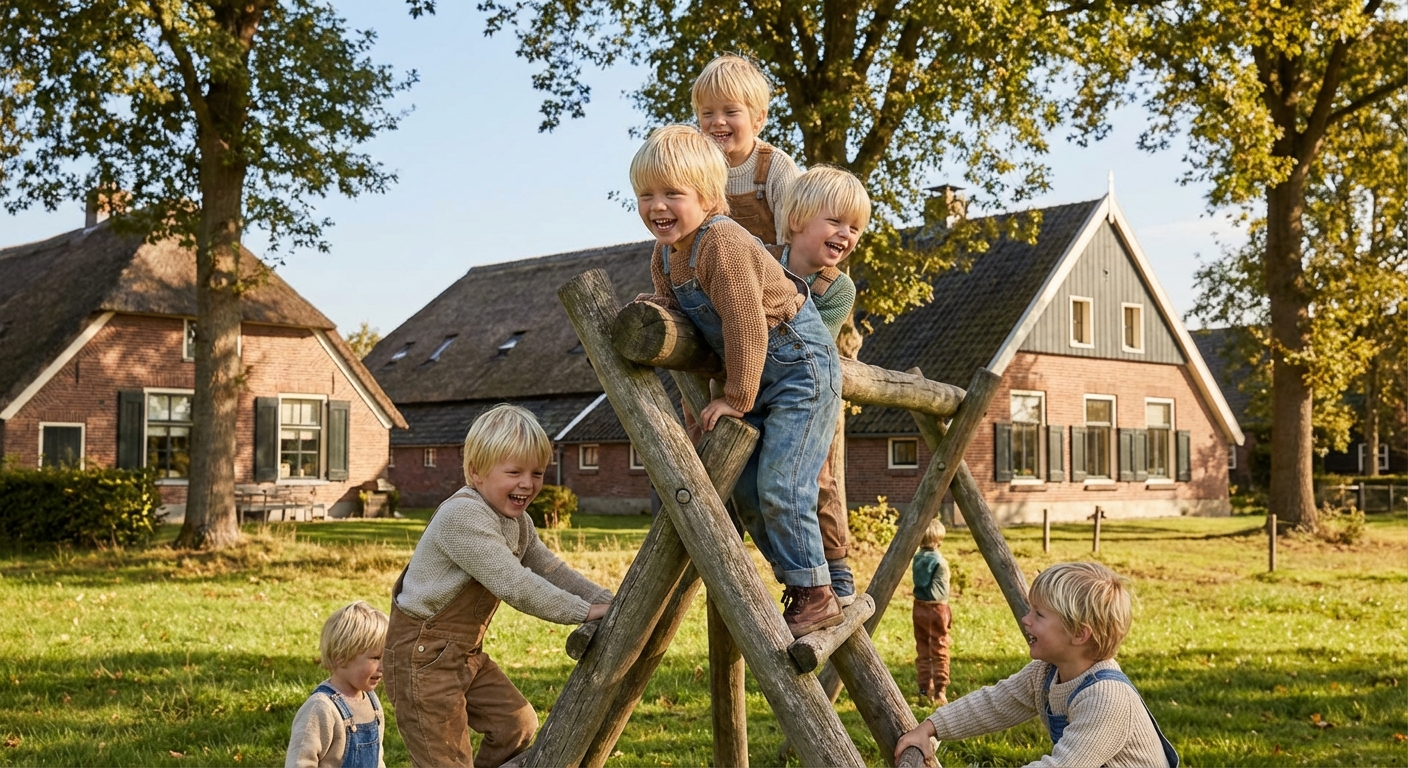 Kinderen spelen op een natuurspeeltuin