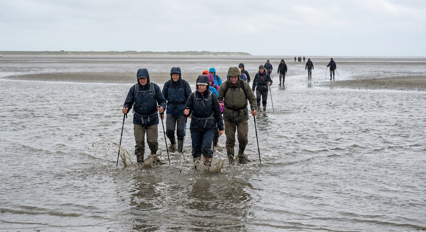 Wadlopers waden door een priel op het wad